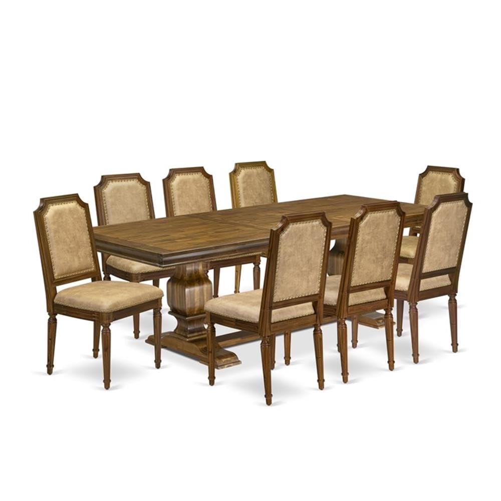 9-Piece Acacia Wood Dining Set with Beige PU Leather Chairs L4485