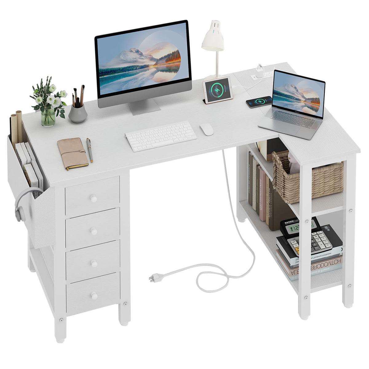 White L Shaped Computer Desk with Drawers and Storage Shelves, 47 Inch Reversible Corner Desk with Power Outlet S339800