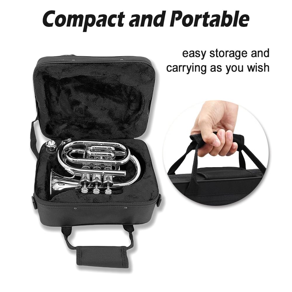 Pocket Trumpet Mini Brass Instrument with 7C Mouthpiece & Case E5380