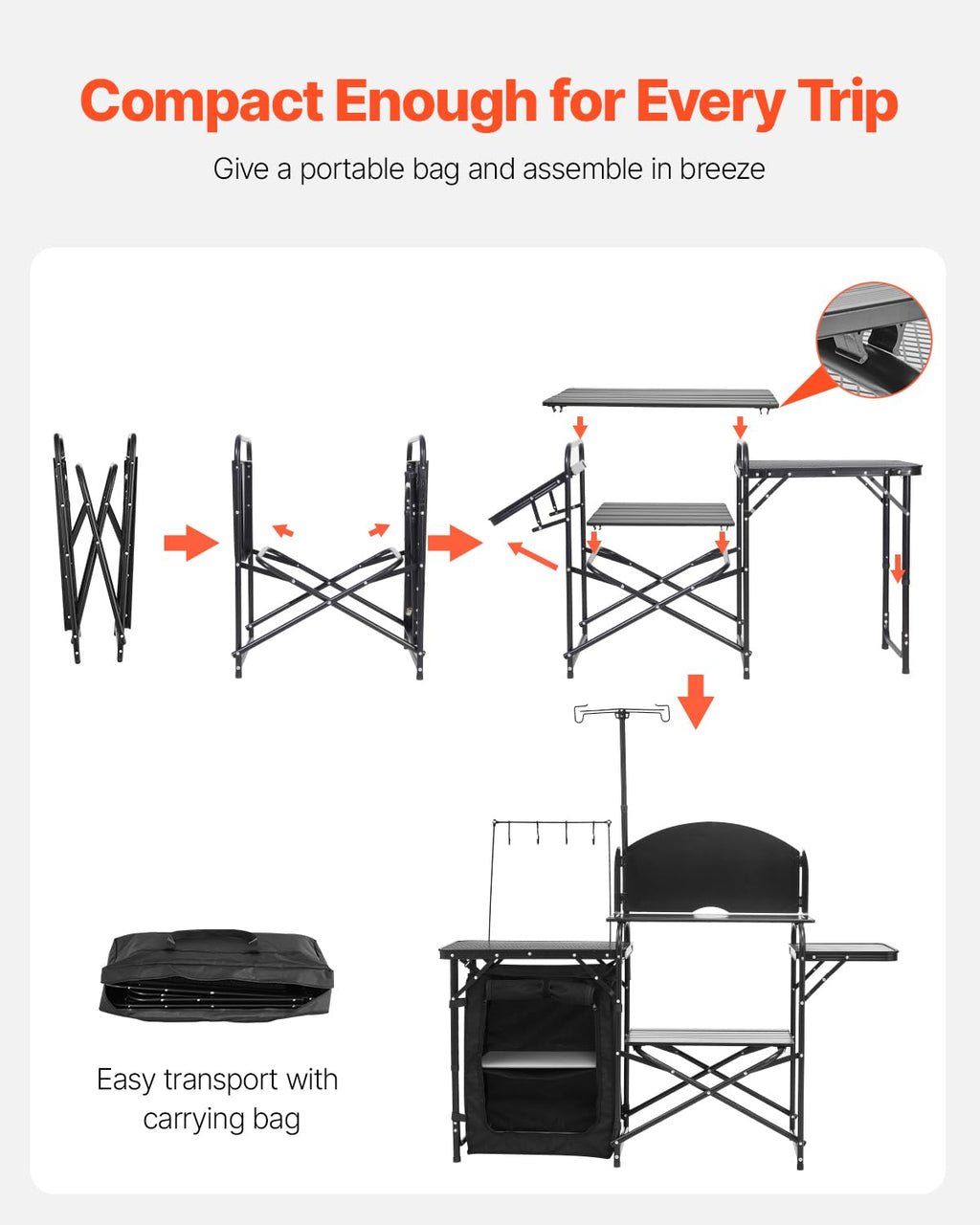 Black Aluminum Camping Kitchen Table with Storage Cupboard P187768