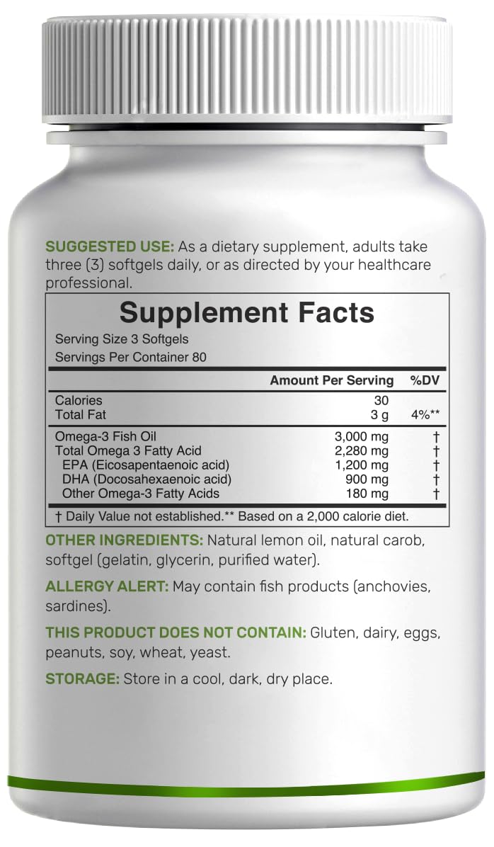 Omega 3 Fish Oil 3,000mg 240 Softgels EPA DHA Lemon Flavored C82125