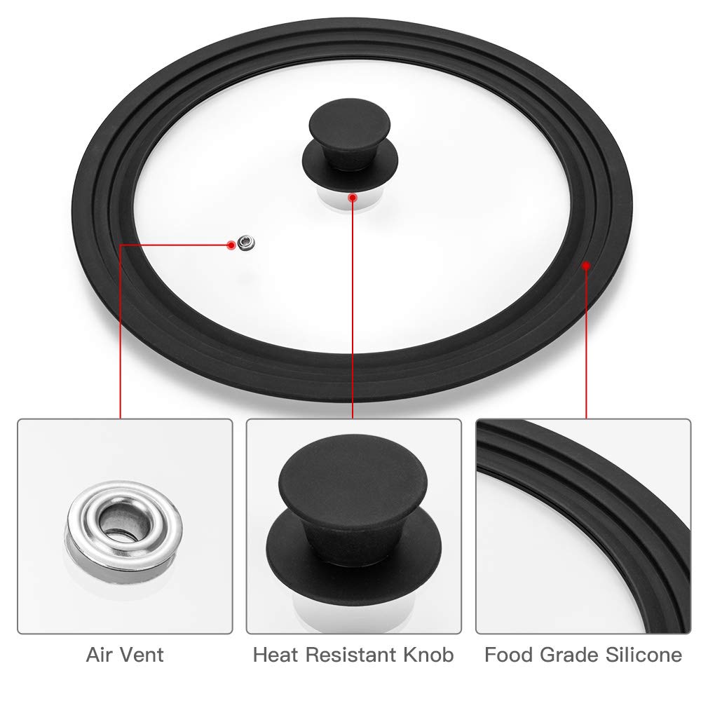 Tempered Glass Universal Lid with Silicone Rim Fits 10.5", 11" and 12" Cookware A2115