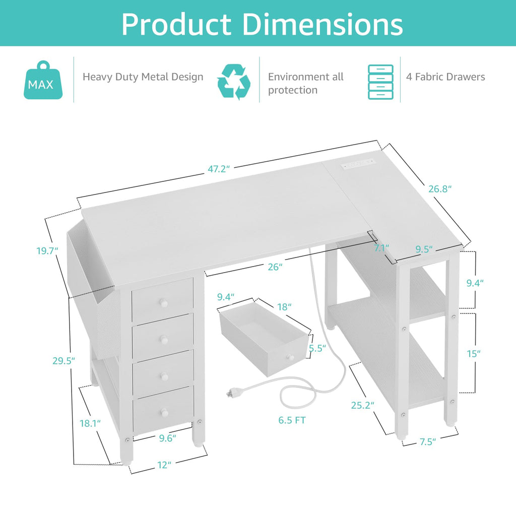 White L Shaped Computer Desk with Drawers and Storage Shelves, 47 Inch Reversible Corner Desk with Power Outlet S339800