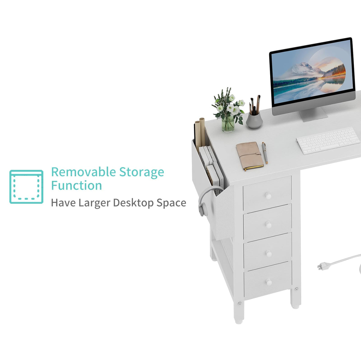 White L Shaped Computer Desk with Drawers and Storage Shelves, 47 Inch Reversible Corner Desk with Power Outlet S339800