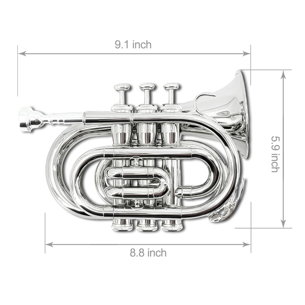 Pocket Trumpet Mini Brass Instrument with 7C Mouthpiece & Case E5380