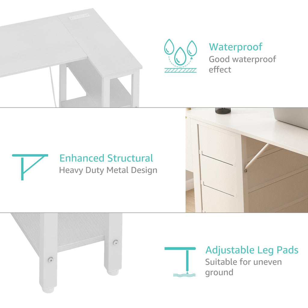 White L Shaped Computer Desk with Drawers and Storage Shelves, 47 Inch Reversible Corner Desk with Power Outlet S339800