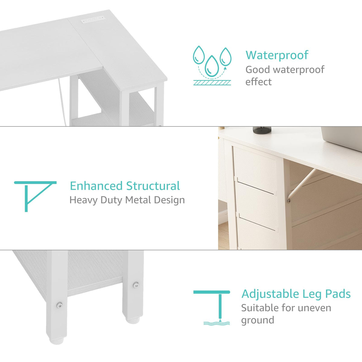 White L Shaped Computer Desk with Drawers and Storage Shelves, 47 Inch Reversible Corner Desk with Power Outlet S339800
