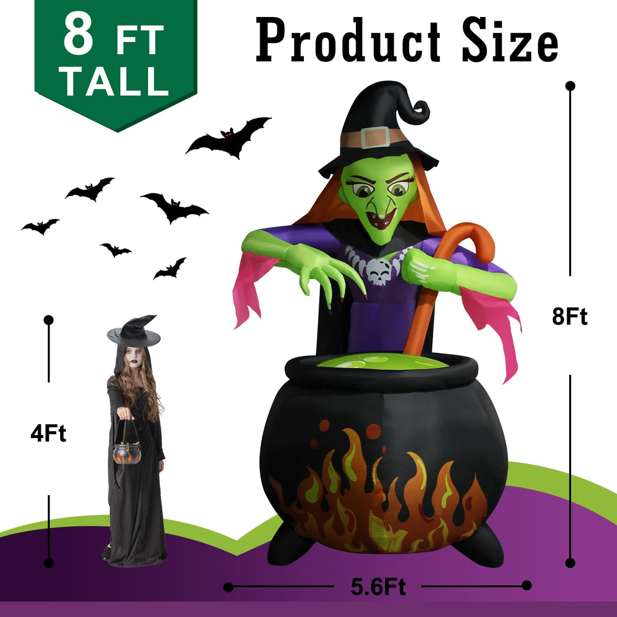 8Ft Tall Halloween Inflatable Witch Cauldron with 4 Led Lights O880