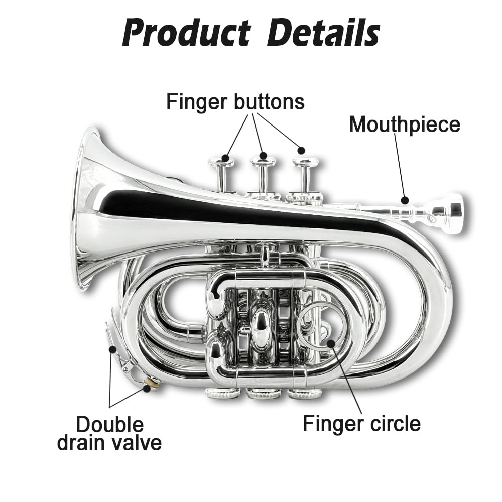 Pocket Trumpet Mini Brass Instrument with 7C Mouthpiece & Case E5380