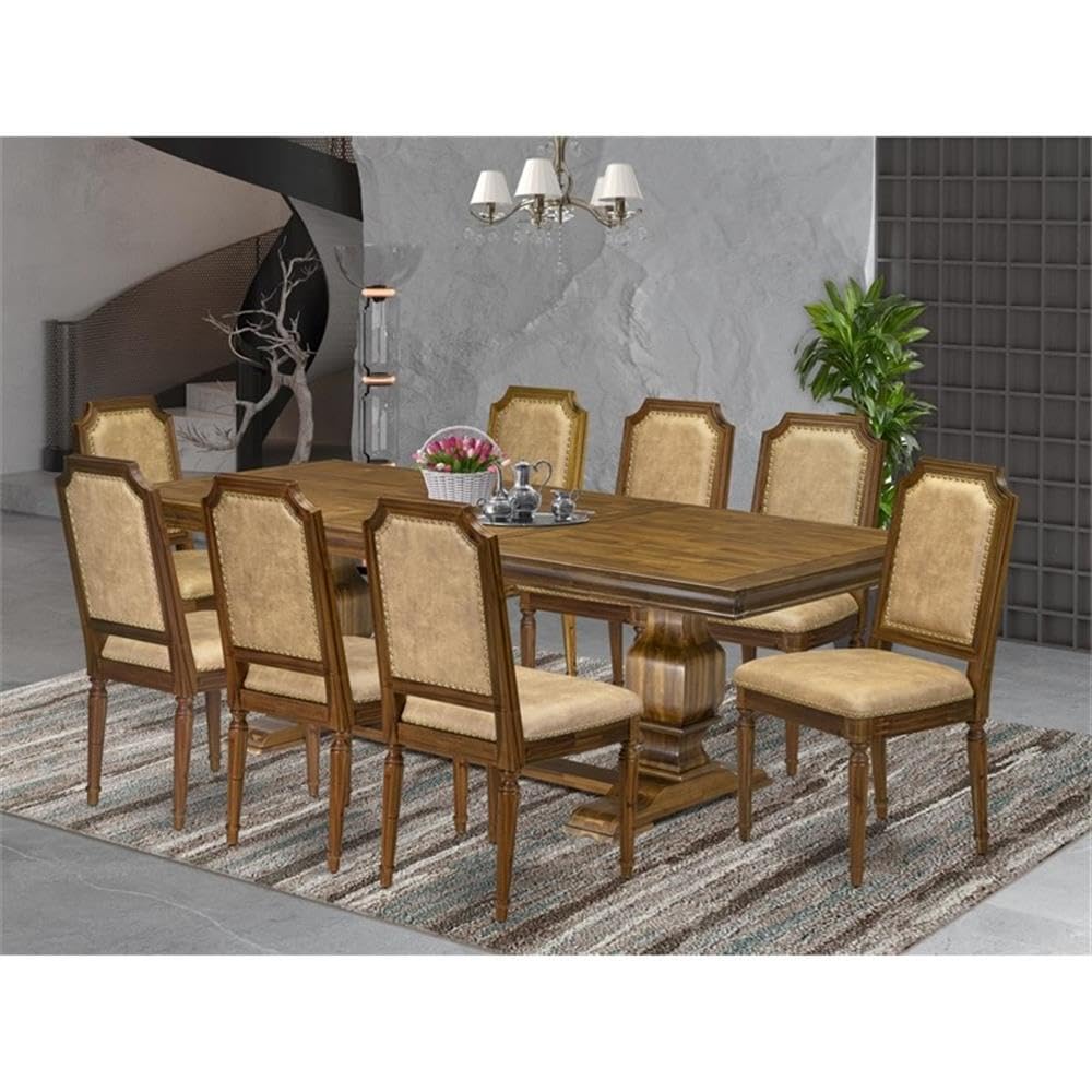 9-Piece Acacia Wood Dining Set with Beige PU Leather Chairs L4485