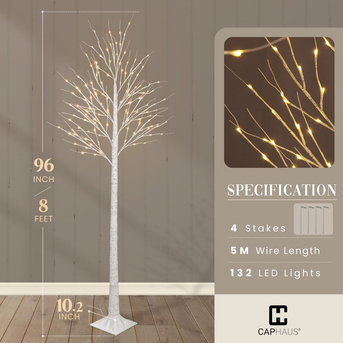 8 Ft White Pre-Lit Birch Tree with 132 Warm White LED L827