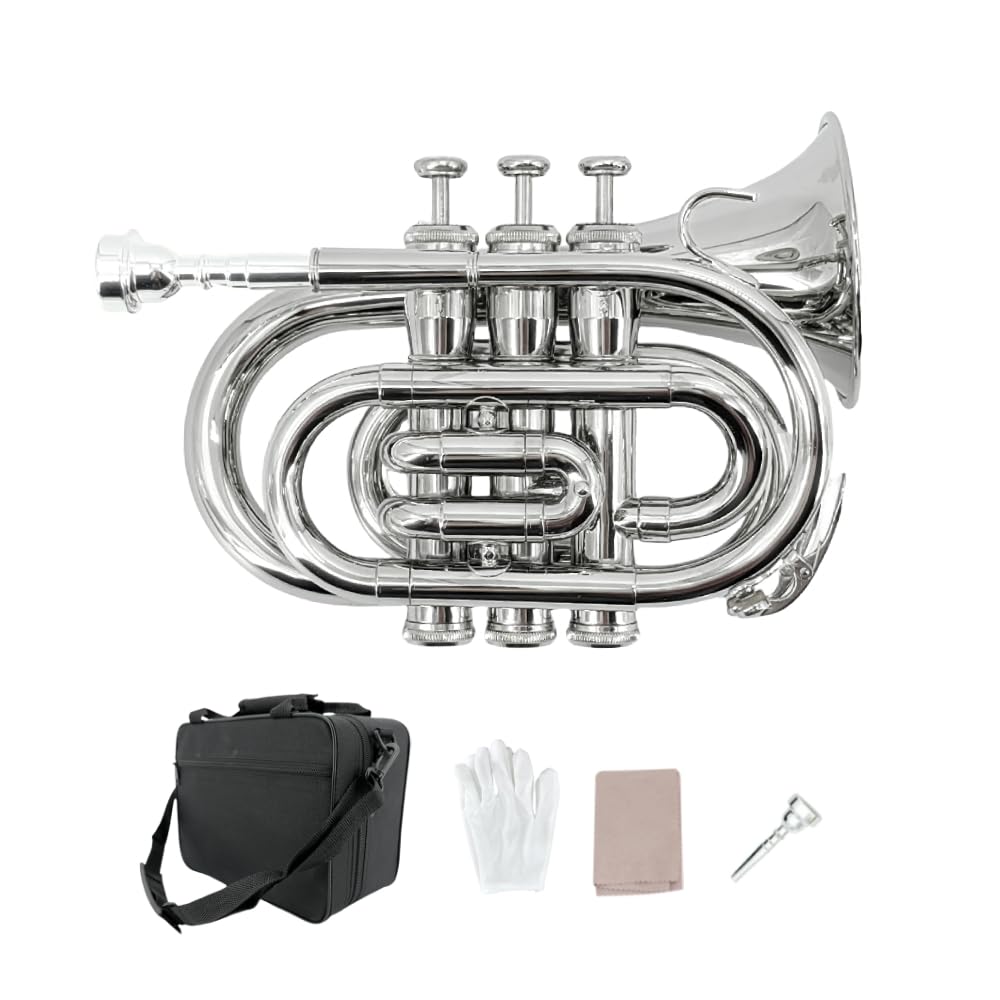 Pocket Trumpet Mini Brass Instrument with 7C Mouthpiece & Case E5380