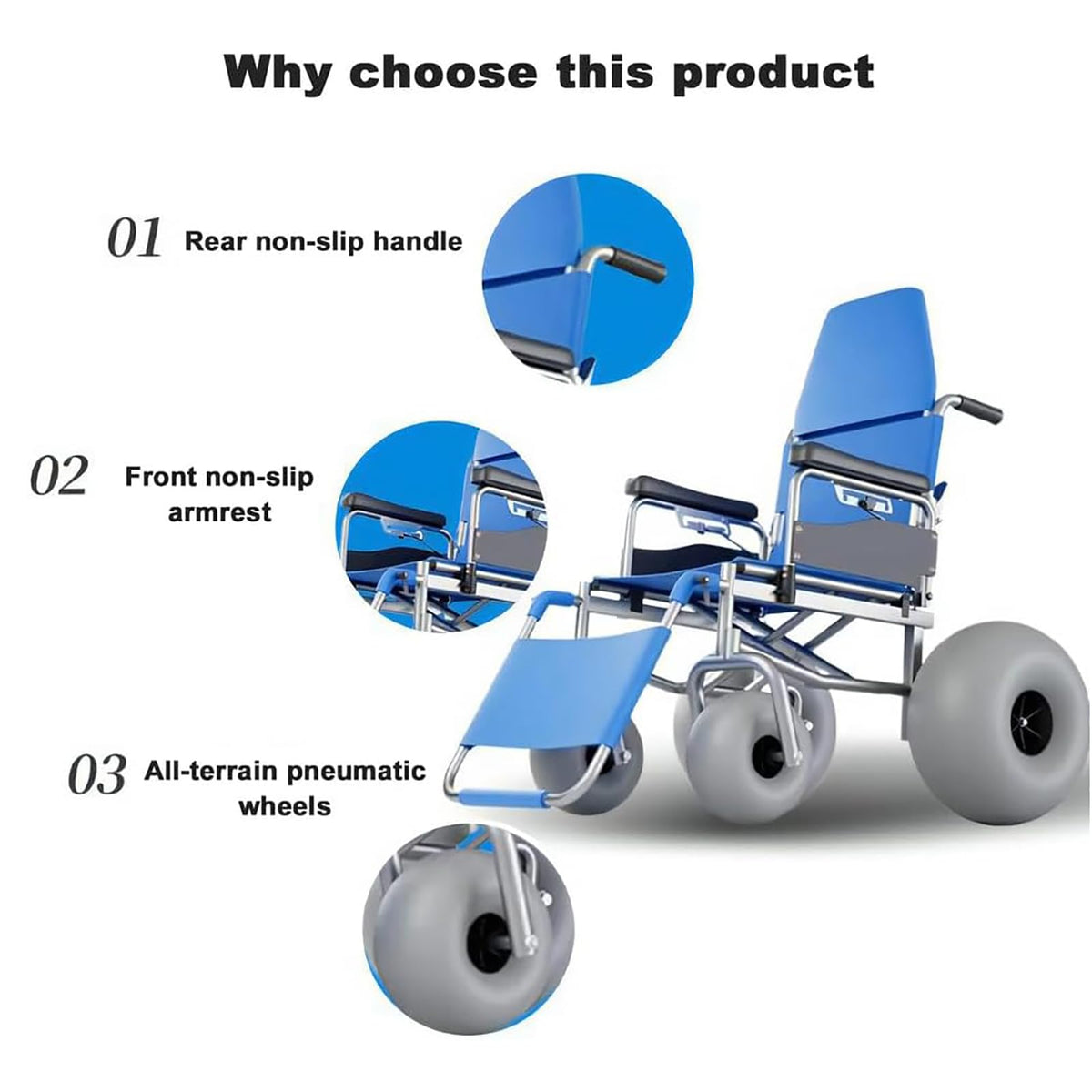 Beach Wheelchair with Balloon Tires, Reclining, Foldable, Waterproof O56613
