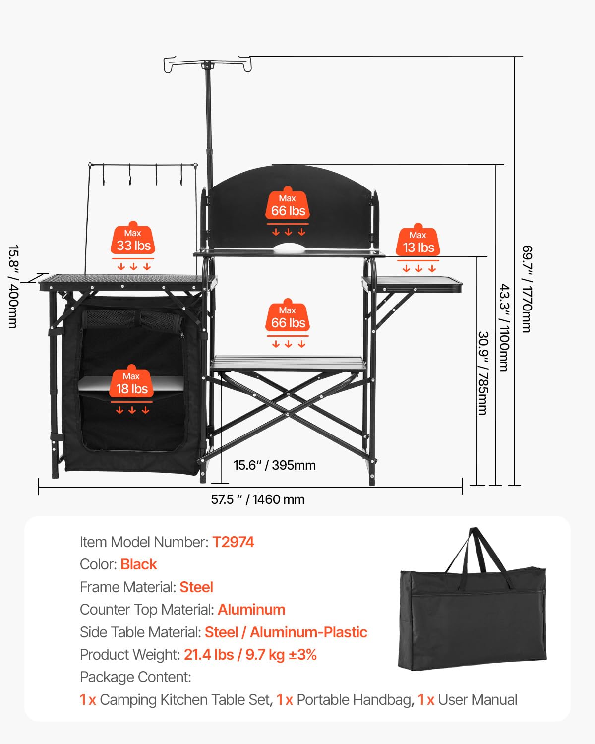 Black Aluminum Camping Kitchen Table with Storage Cupboard P187768