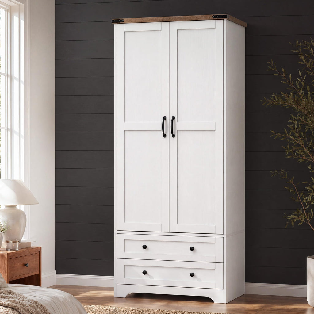 71" White Wooden Armoire Wardrobe Closet with 2 Doors & 2 Drawers G937286