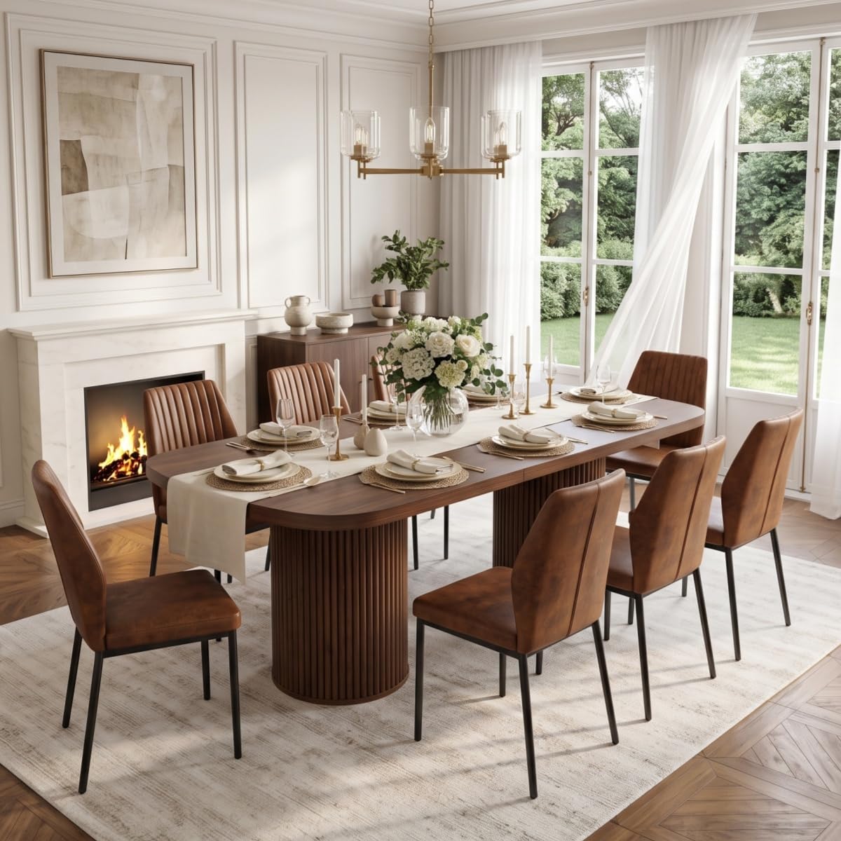 79" Rectangular Wood Dining Table Set for 8 with Cushioned Chairs N7787