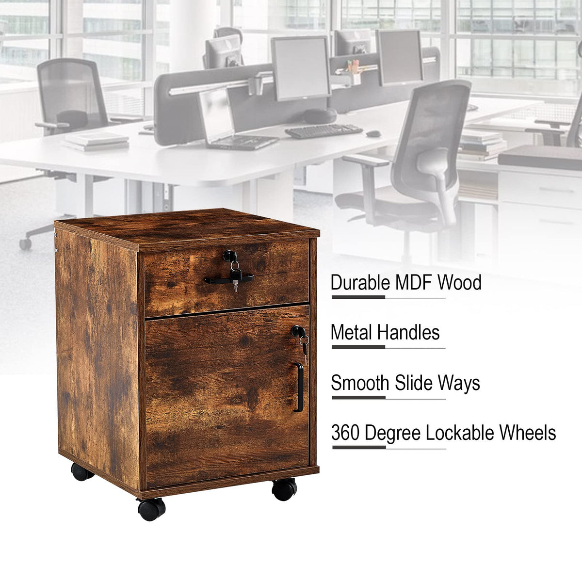1 Drawer Wood File Cabinet with Lock and Wheels T387