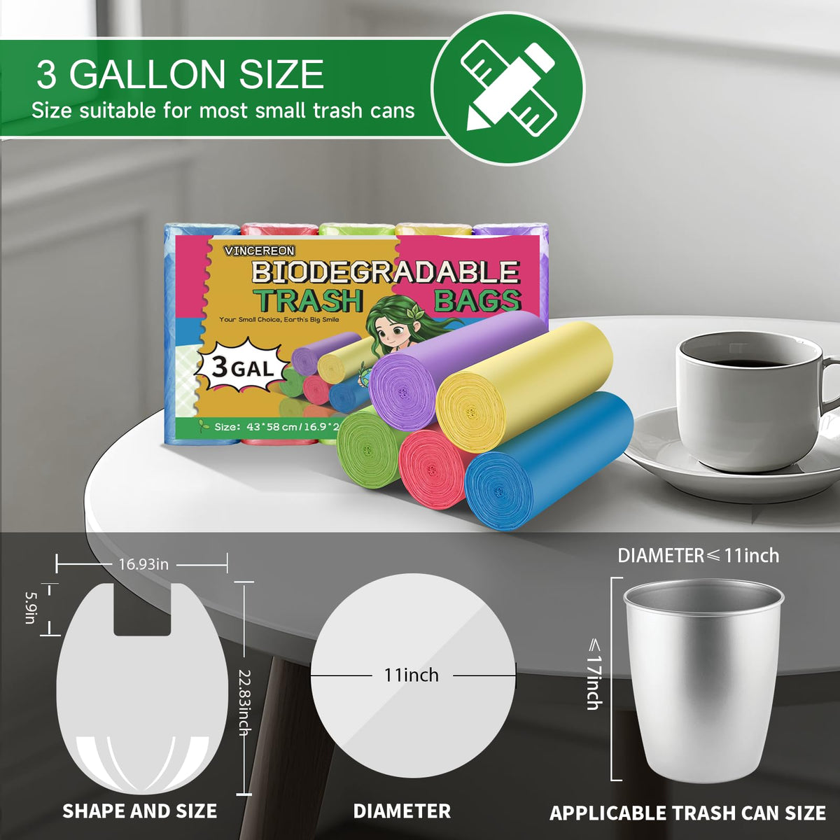 3 Gallon Biodegradable Unscented Trash Bags 100 Count E565
