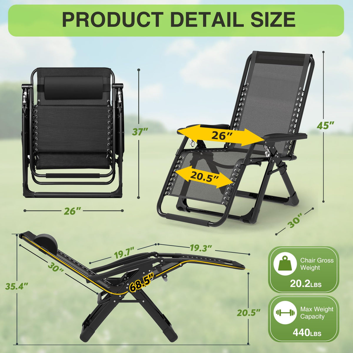Zero Gravity Reclining Camping Chair Set of 2 with Cushion U4758