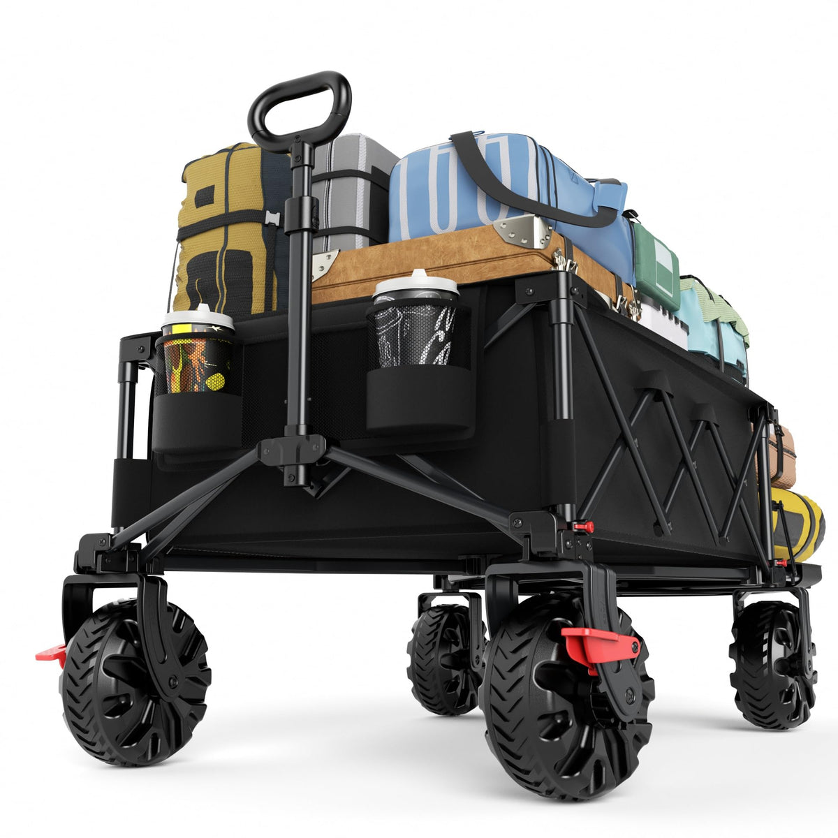 26" Extra Wide All Terrain Folding Wagon with Big Wheels, Cargo Net & Tailgate, 400lbs Heavy Duty Collapsible Cart, Black J785