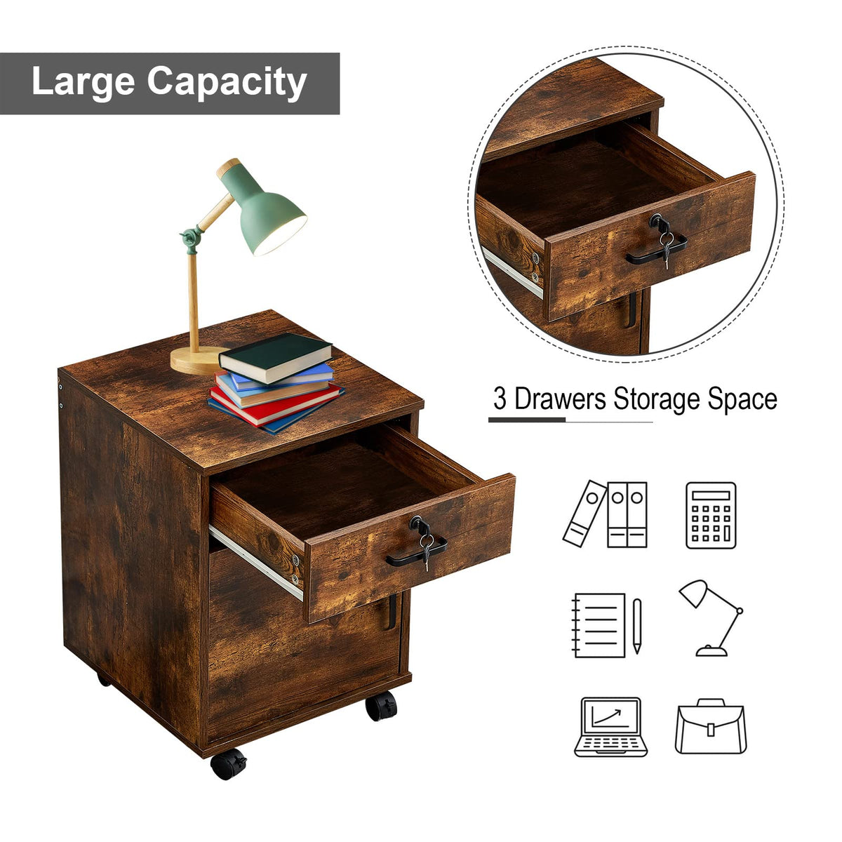 1 Drawer Wood File Cabinet with Lock and Wheels T387