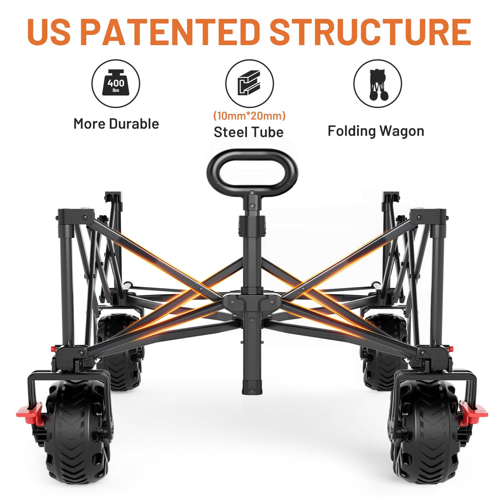 26" Extra Wide All Terrain Folding Wagon with Big Wheels, Cargo Net & Tailgate, 400lbs Heavy Duty Collapsible Cart, Black J785
