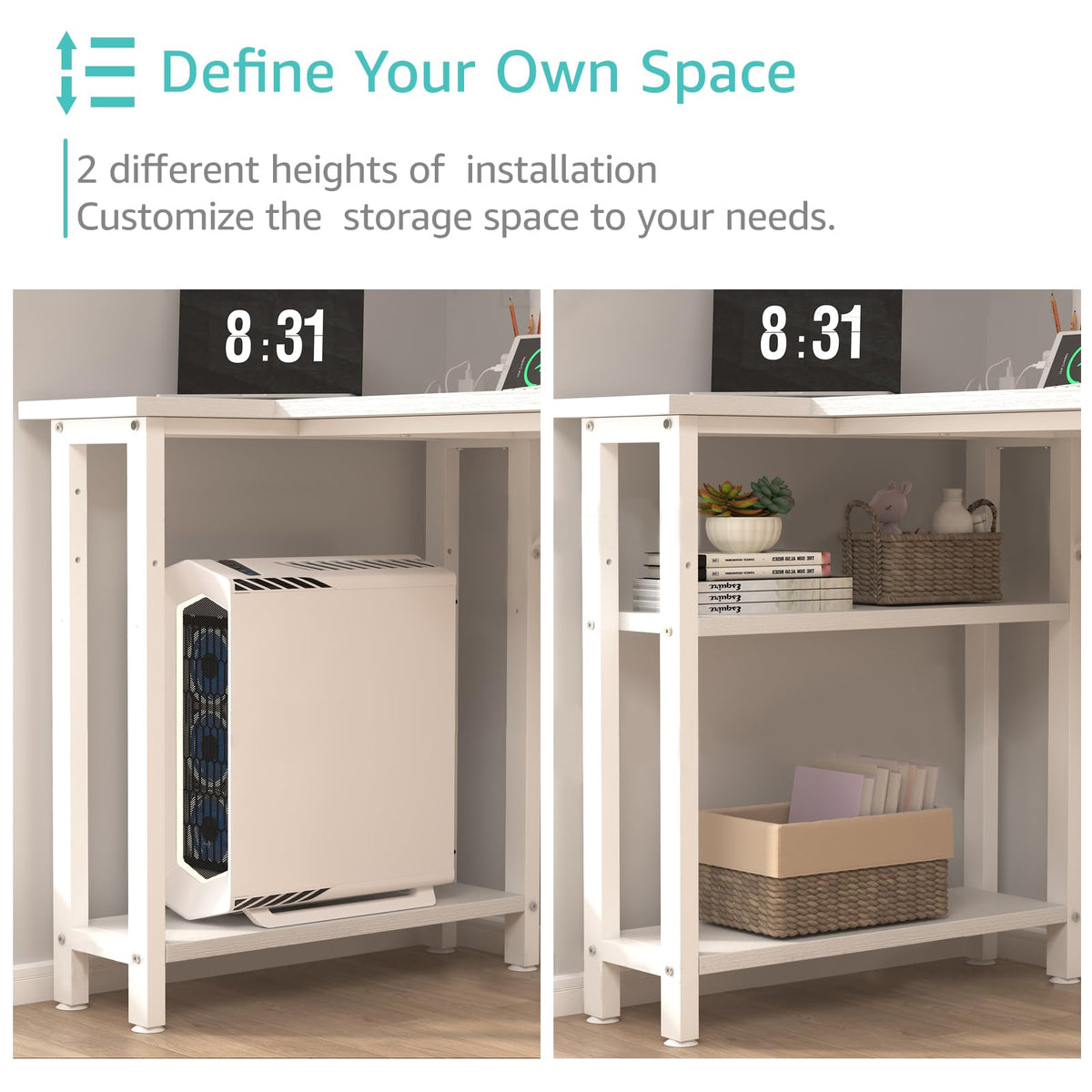 White L Shaped Computer Desk with Drawers and Storage Shelves, 47 Inch Reversible Corner Desk with Power Outlet S339800