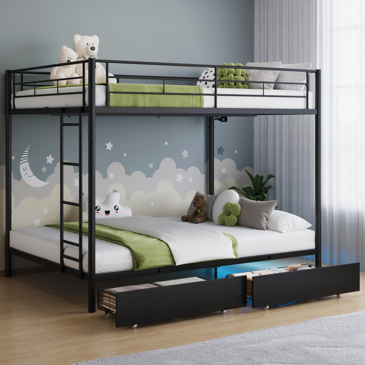 Black Twin Over Twin Metal Bunk Bed with LED Lights, USB Charging Station, 2 Drawers, Guard Rails & Ladder E1618