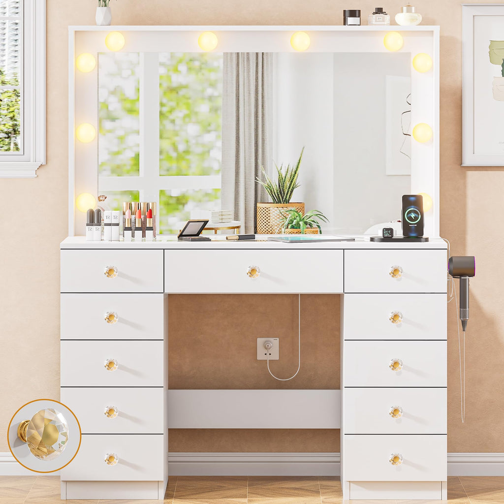 White Vanity Desk with Mirror 10 LED Lights 11 Drawers O20292