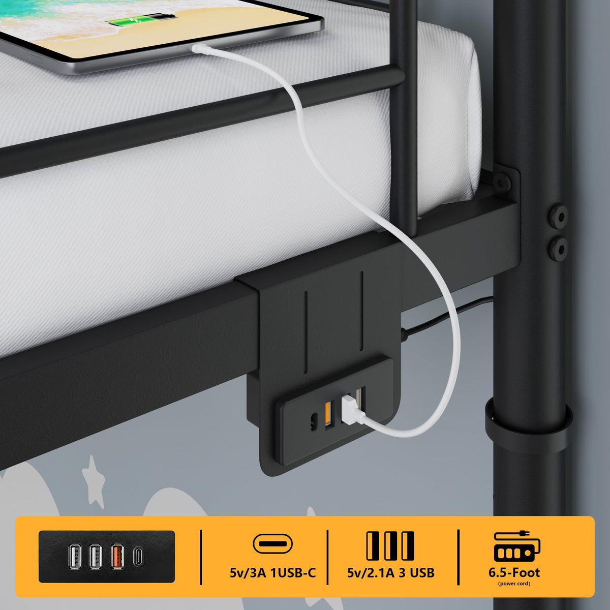 Black Twin Over Twin Metal Bunk Bed with LED Lights, USB Charging Station, 2 Drawers, Guard Rails & Ladder E1618
