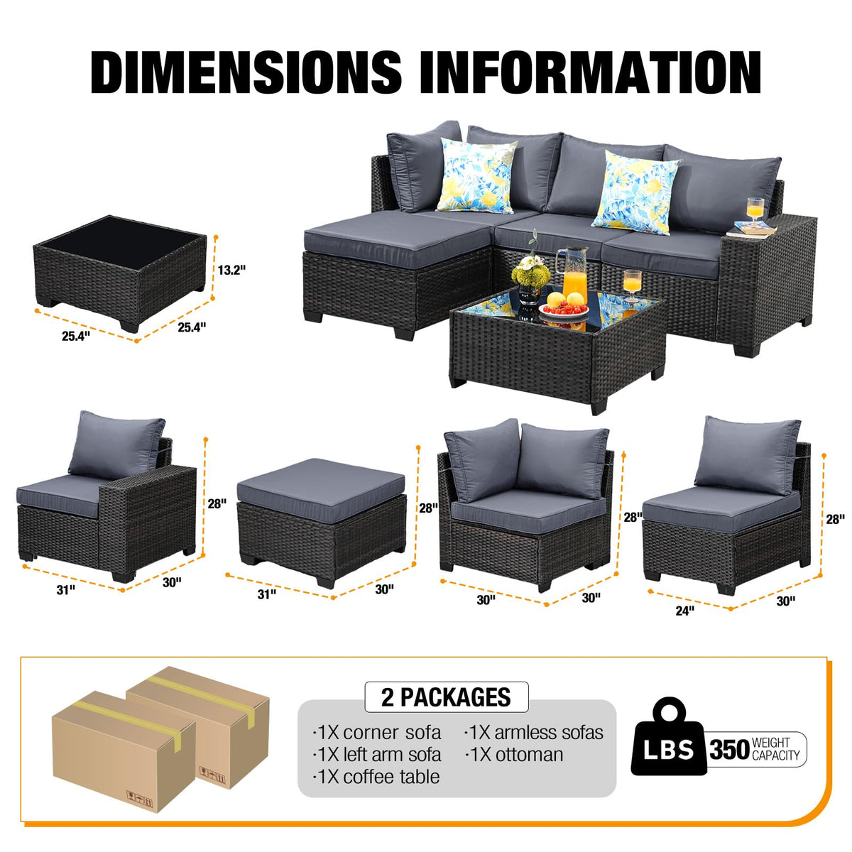 5 Pieces Wicker PE Rattan Patio Furniture Set with Cushion & Coffee Table, Grey P28874