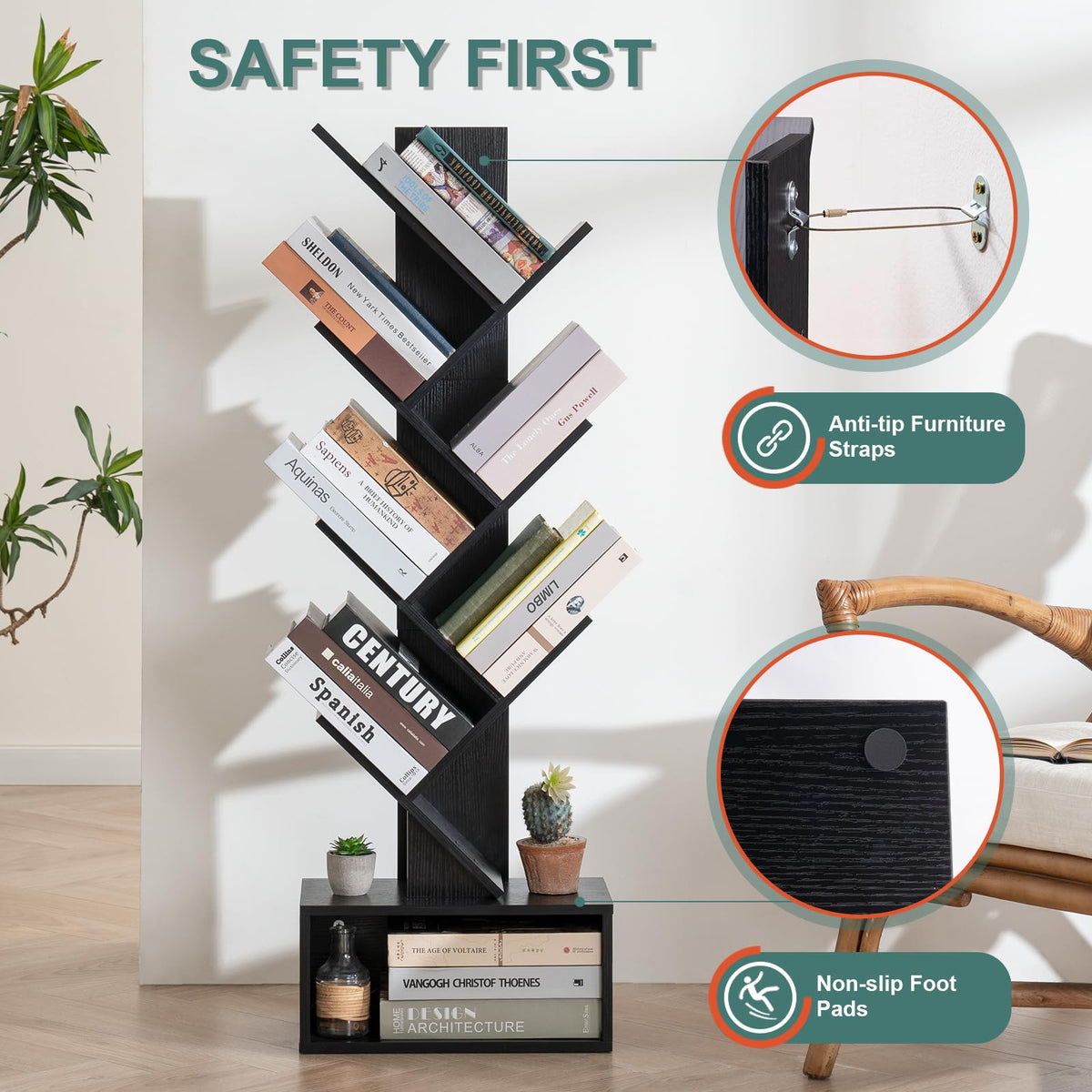 Black 6 Tier Wood Tree Bookshelf B90815
