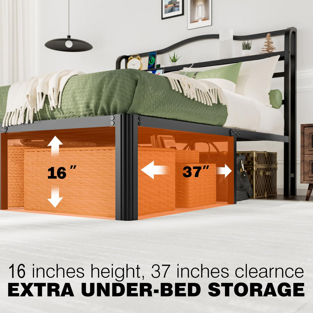 Queen 18 Inch Metal Platform Bed Frame with Headboard and Charging Station P487995