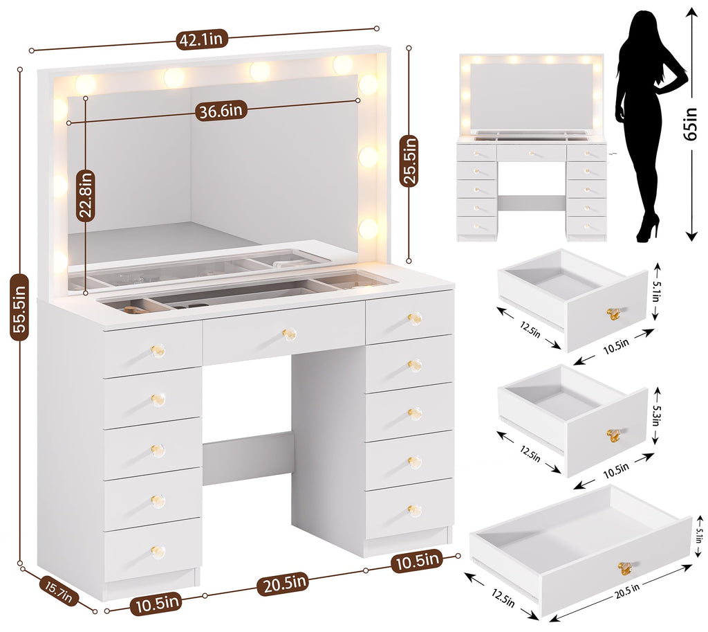 White Vanity Desk with Mirror 10 LED Lights 11 Drawers O20292