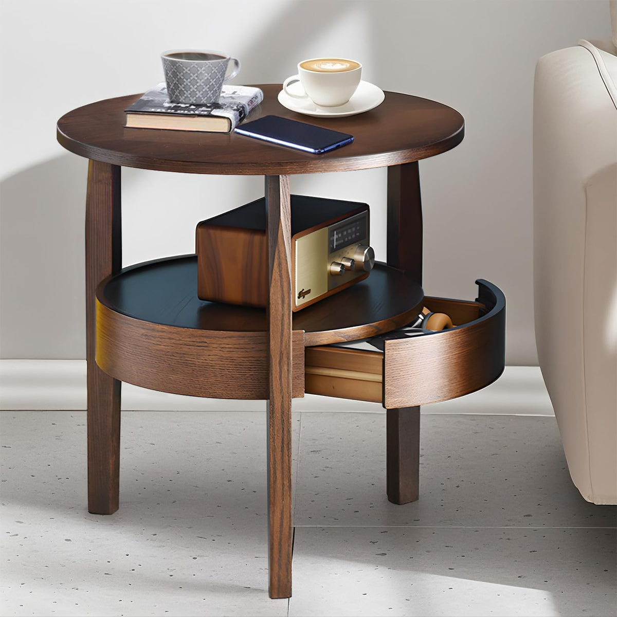 Dark Brown 2-Tier Round Coffee Table with Drawer N6507