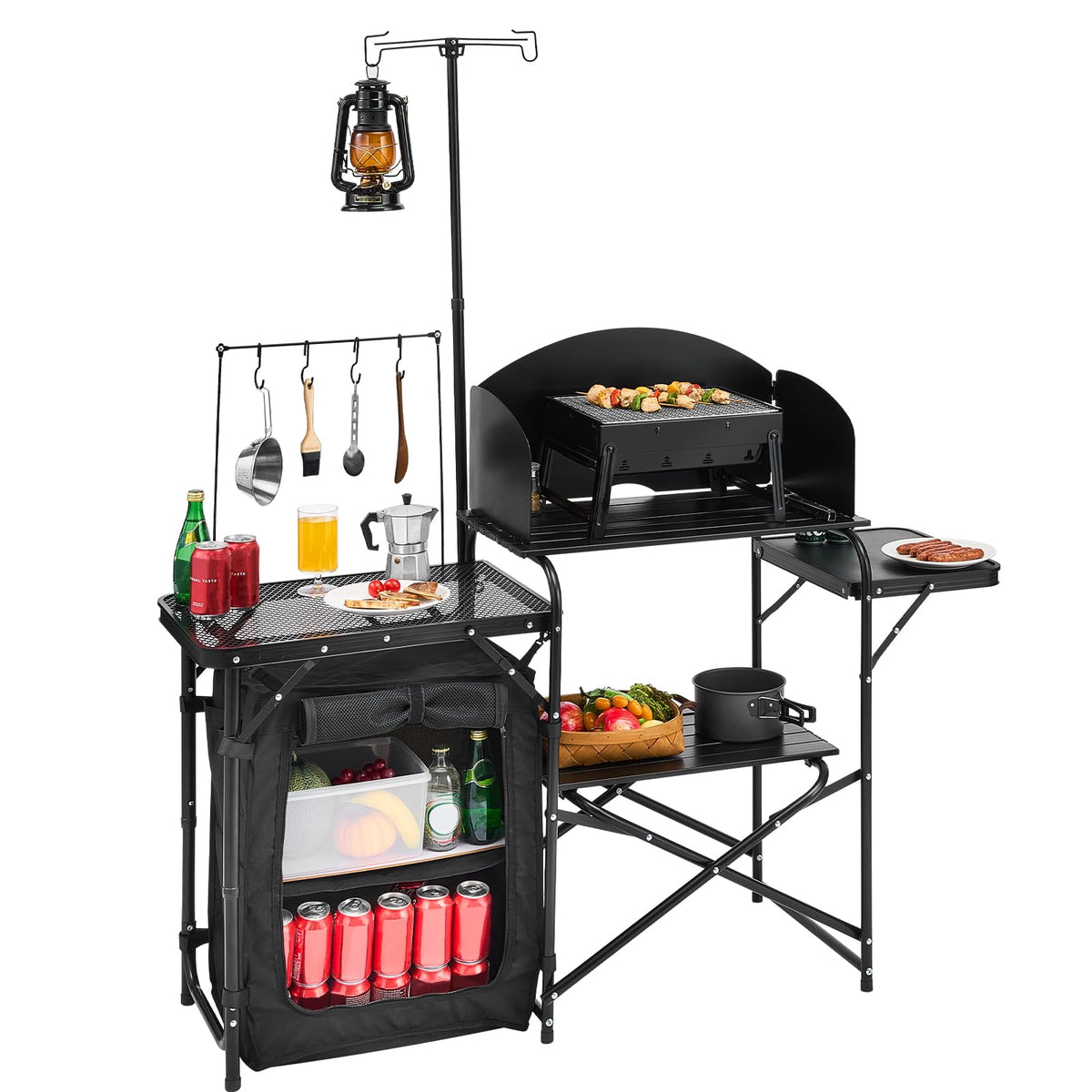 Black Aluminum Camping Kitchen Table with Storage Cupboard P187768