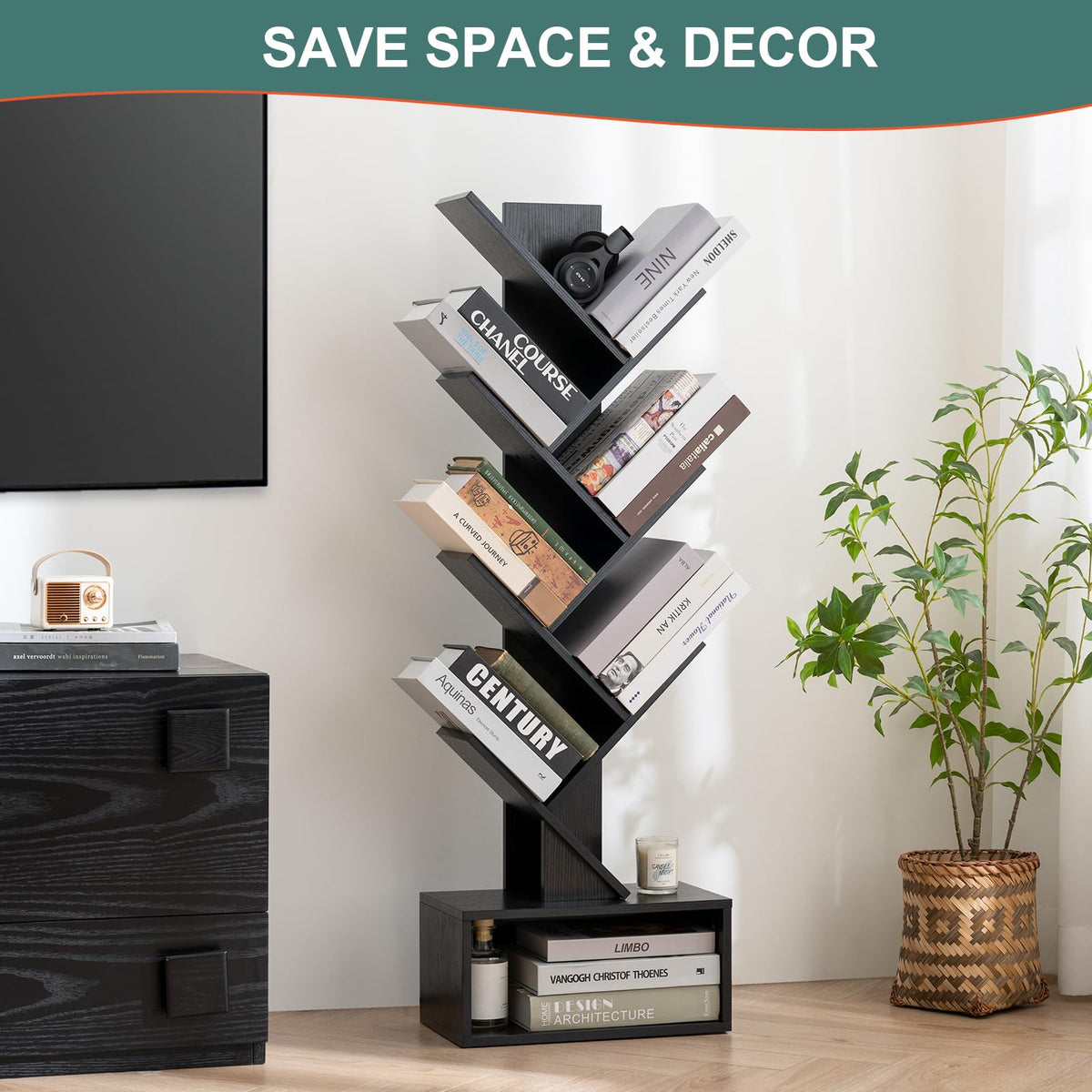 Black 6 Tier Wood Tree Bookshelf B90815