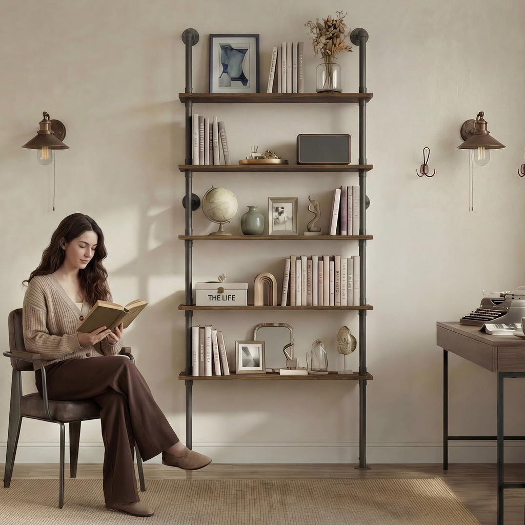 5 Tier Rustic Industrial Pipe Floating Wall Shelves C653