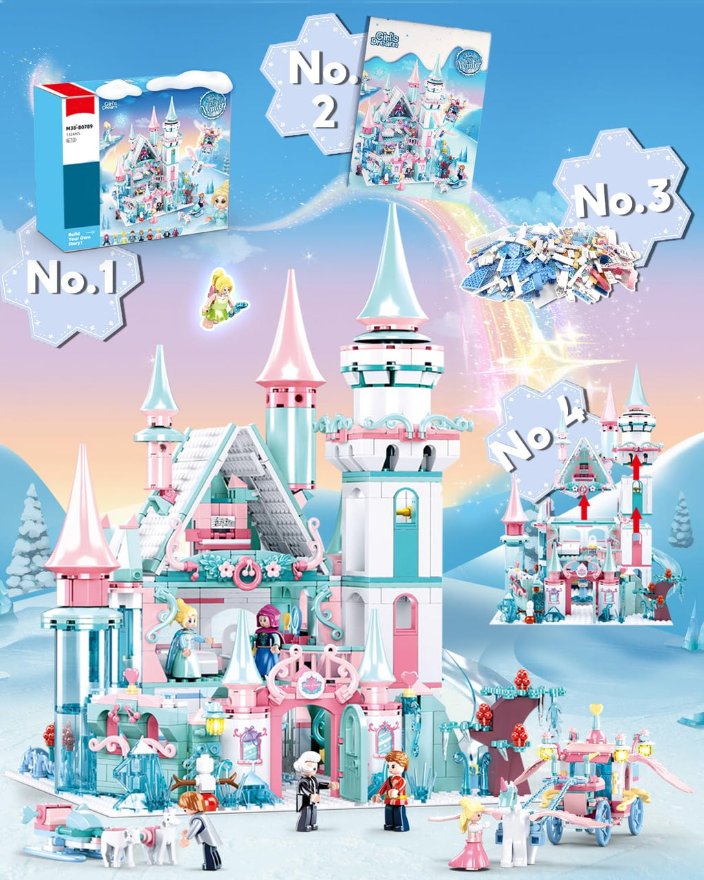 Castle Building Set with Slide, Carriage & Sledge, 9 Minifigures, 1314 PCS O648
