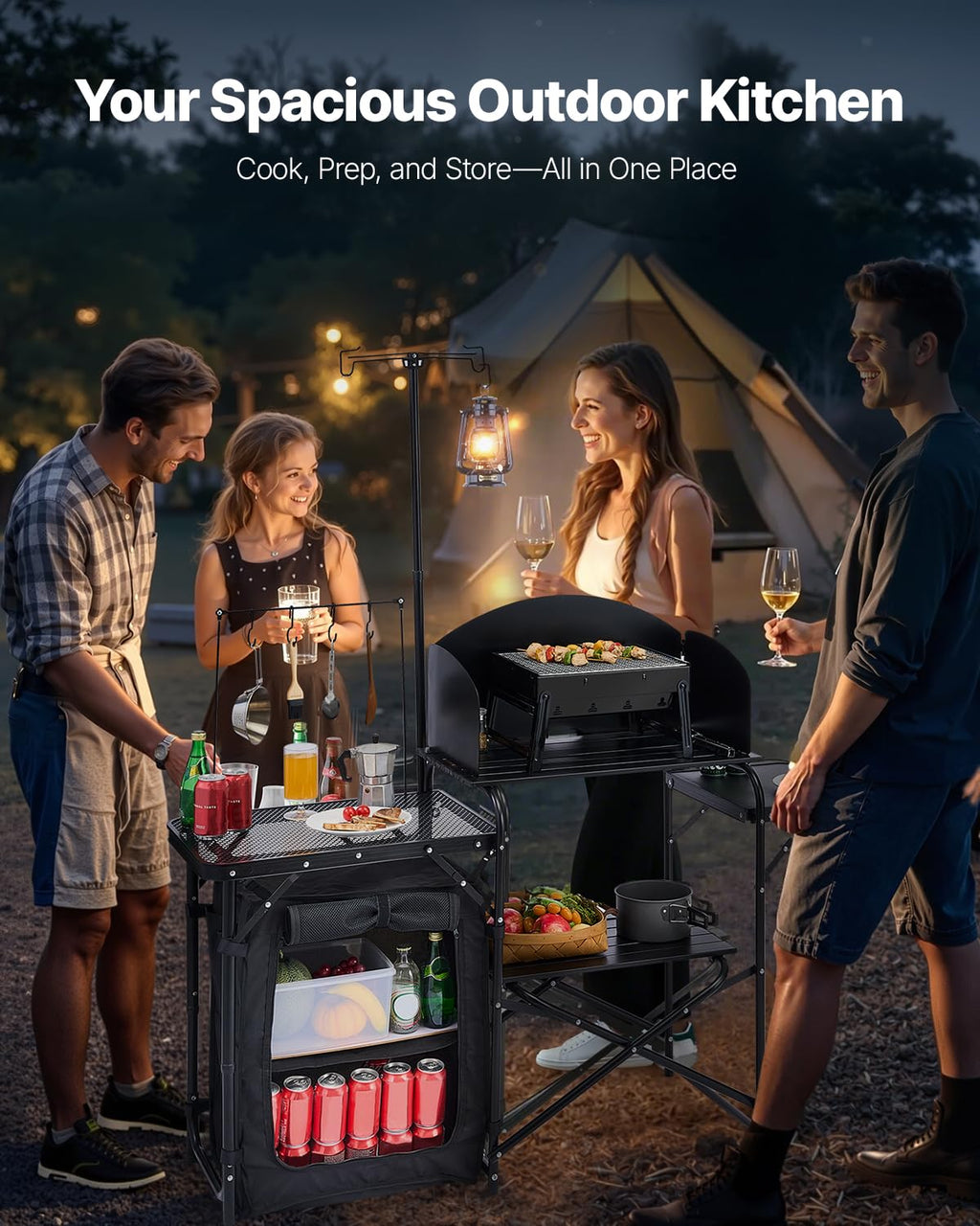 Black Aluminum Camping Kitchen Table with Storage Cupboard P187768