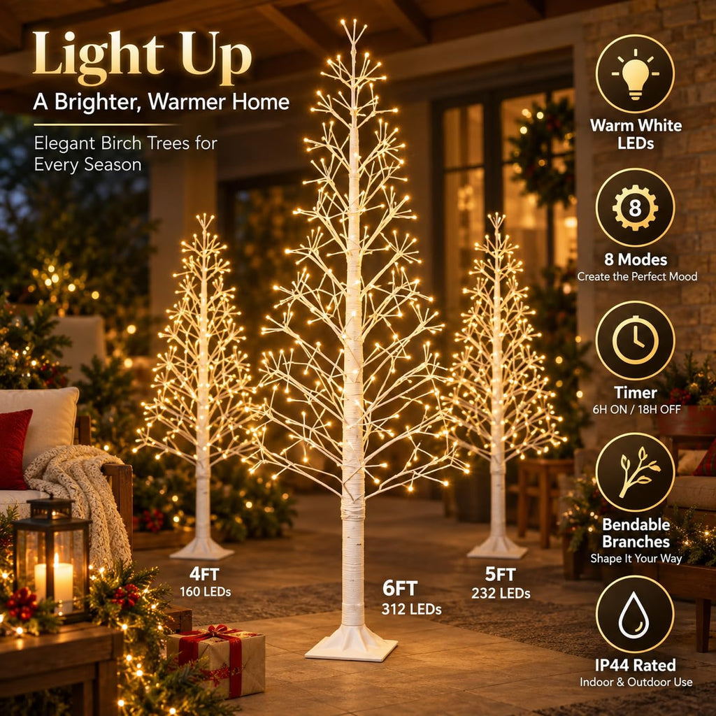 6FT Lighted Birch Tree, 312 LEDs, Warm White G995