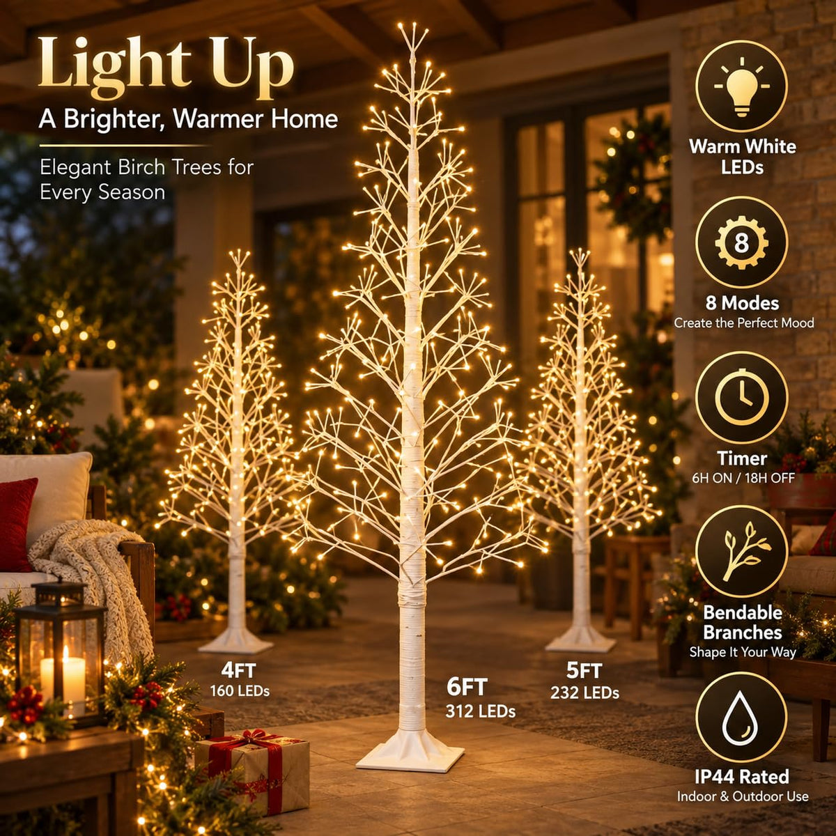 6FT Lighted Birch Tree, 312 LEDs, Warm White G995