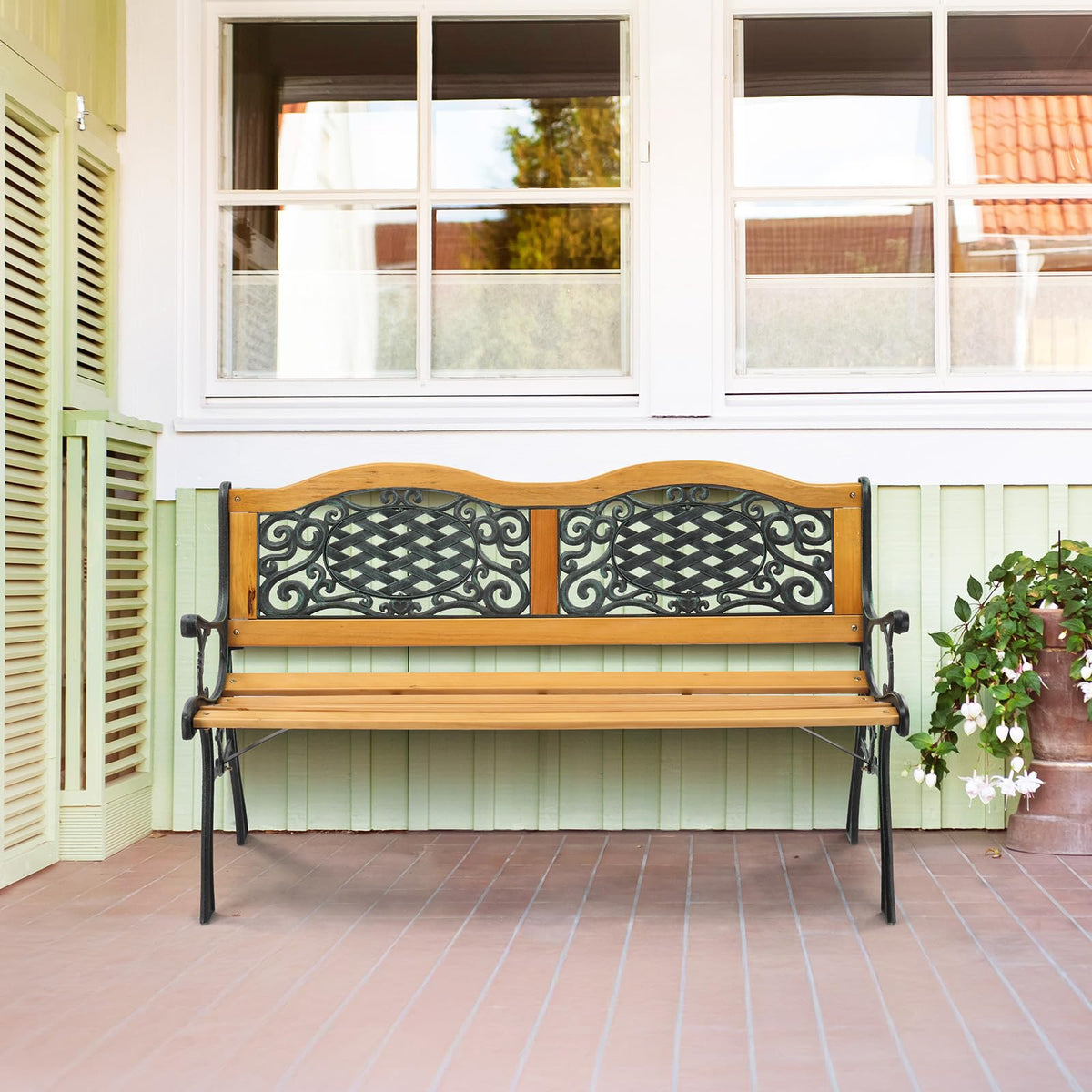 Cast Iron Teak Outdoor Bench 3-Seater E9211