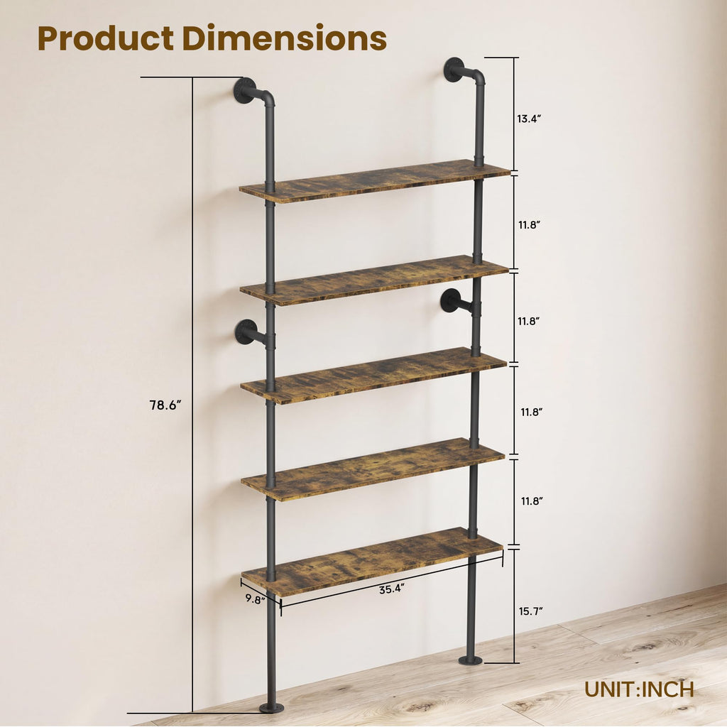 5 Tier Rustic Industrial Pipe Floating Wall Shelves C653