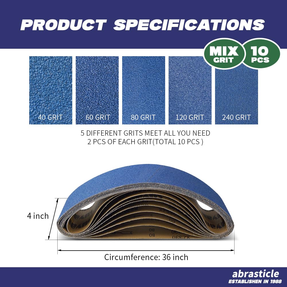 4" x 36" Zirconia Sanding Belts, 10 PCS Assorted Grits Y2267