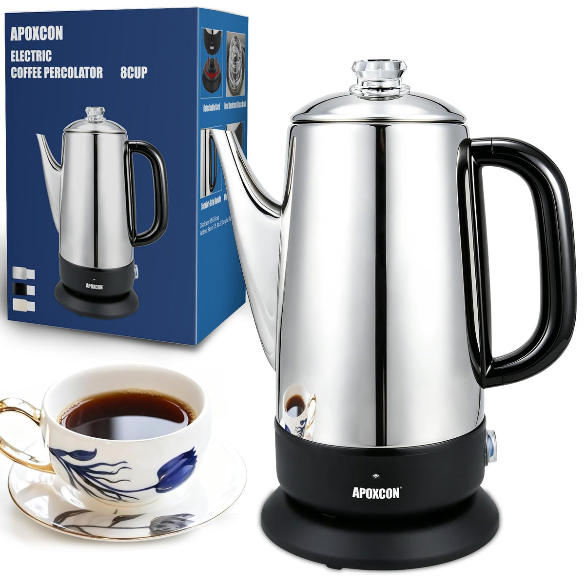 Electric Stainless Steel Coffee Percolator 1200ml 8 Cup Z89866