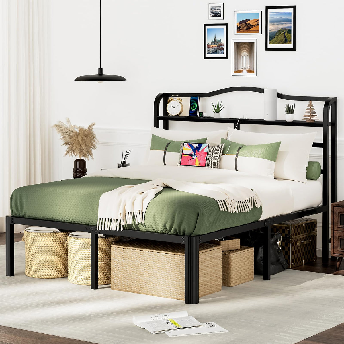 Queen 18 Inch Metal Platform Bed Frame with Headboard and Charging Station P487995
