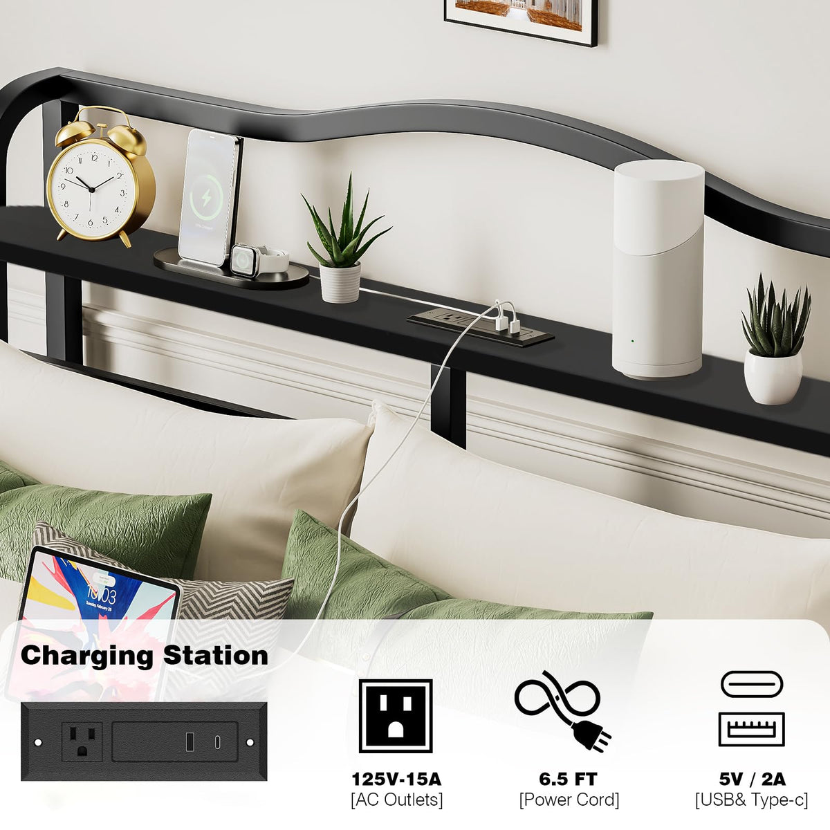 Queen 18 Inch Metal Platform Bed Frame with Headboard and Charging Station P487995