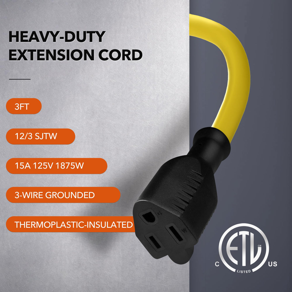 3ft 12/3 SJTW Heavy Duty Outdoor Extension Cord V1087
