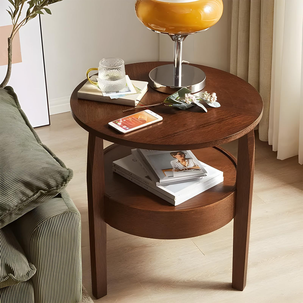 Dark Brown 2-Tier Round Coffee Table with Drawer N6507